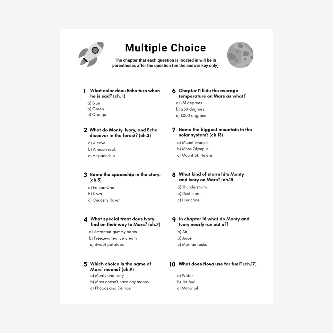 Multiple choice quiz page from Iron Heart of Mars & Lesson Plan, assessing students' understanding of the children's book through chapter-based questions.