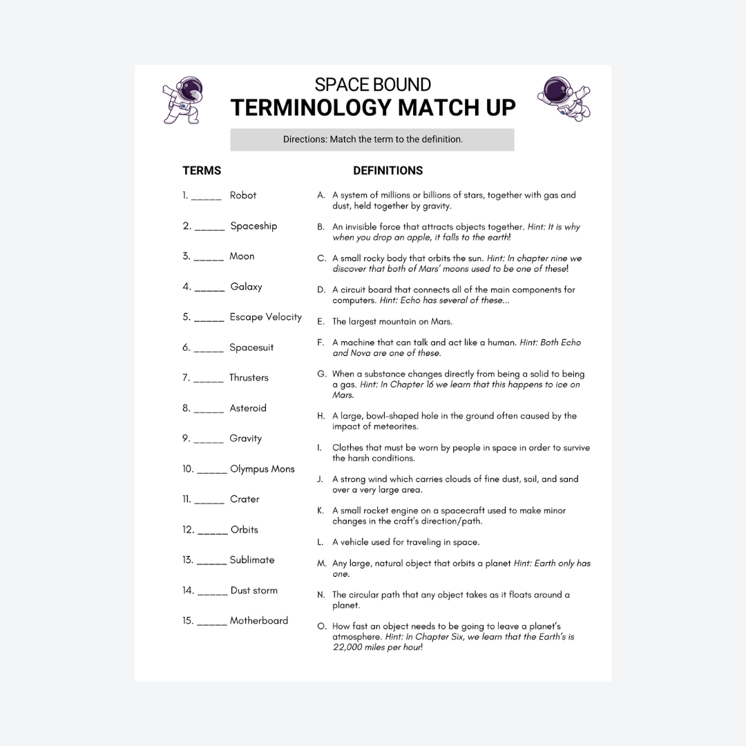 'Space Bound Terminology Match Up' worksheet from Iron Heart of Mars & Lesson Plan, helping students learn vocabulary related to space exploration.