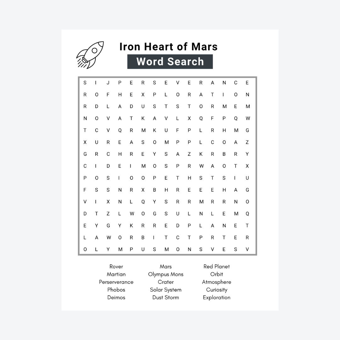 'Iron Heart of Mars Word Search' activity page featuring space-themed vocabulary to support literacy and engagement in young readers.