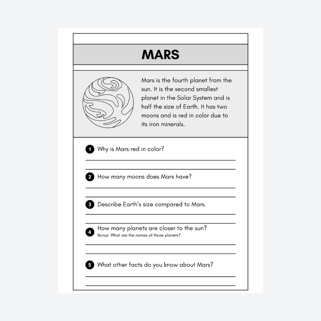 Mars fact worksheet from Iron Heart of Mars & Lesson Plan, encouraging students to explore planetary science through guided questions.