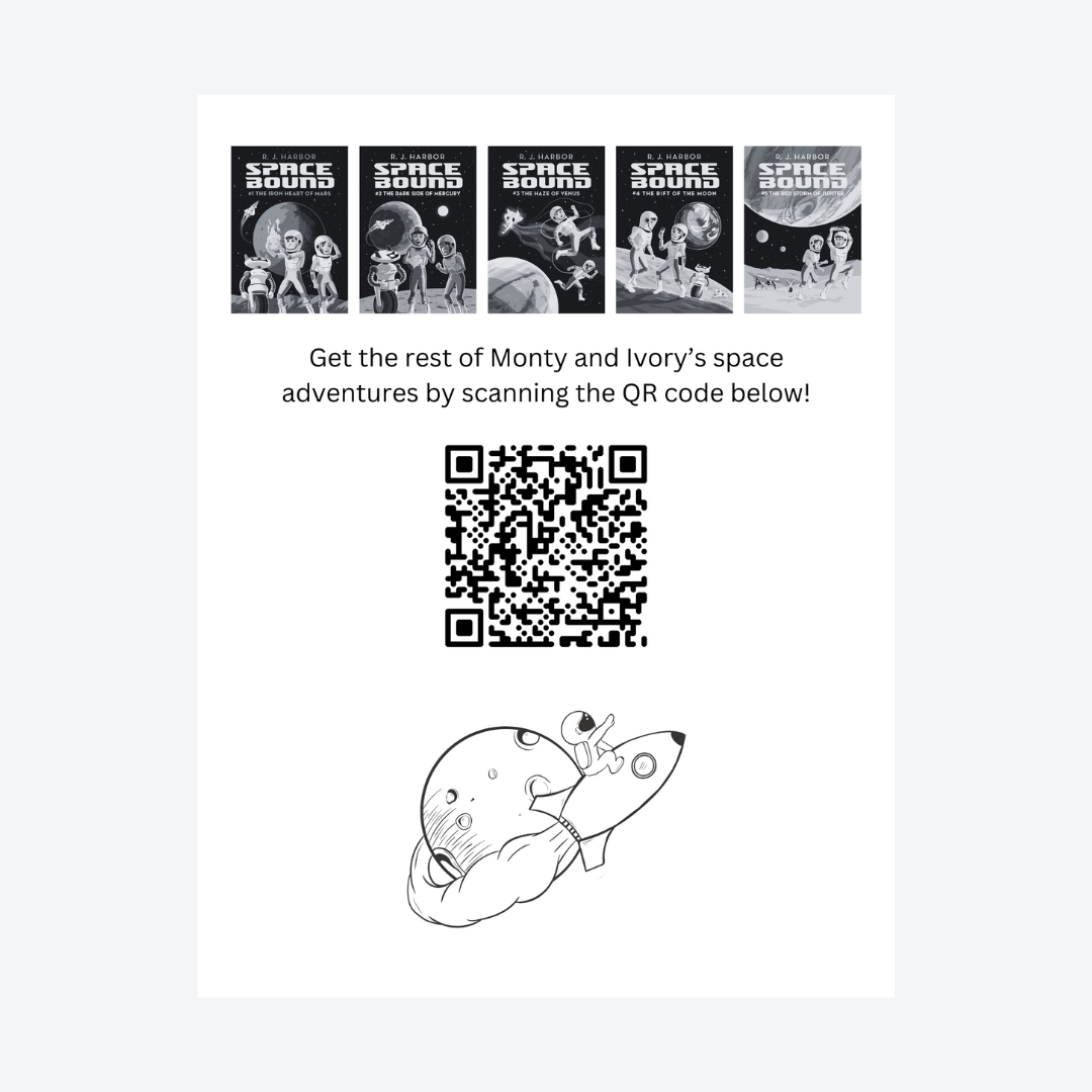 Promotional page from Iron Heart of Mars & Lesson Plan with QR code linking to more books in the Space Bound series and illustrations of future adventures.