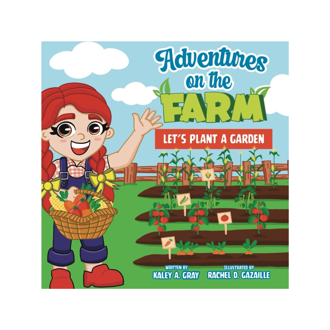 Farm Adventure Colors Book cover featuring a red-haired girl holding vegetables in a garden. Ideal for ages 0-5 to learn colors and vegetables.