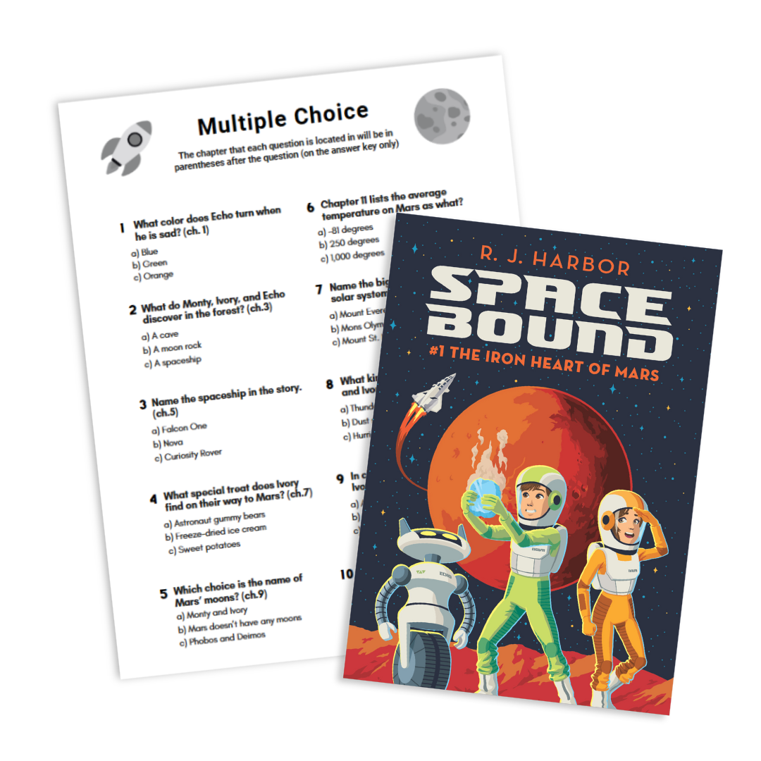 Children's book 'Iron Heart of Mars' with illustrated space-themed cover and accompanying multiple choice lesson plan page for classroom use.