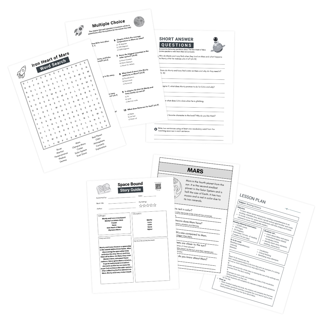 Set of educational worksheets from 'Iron Heart of Mars & Lesson Plan' including word search, story guide, and comprehension activities for kids.