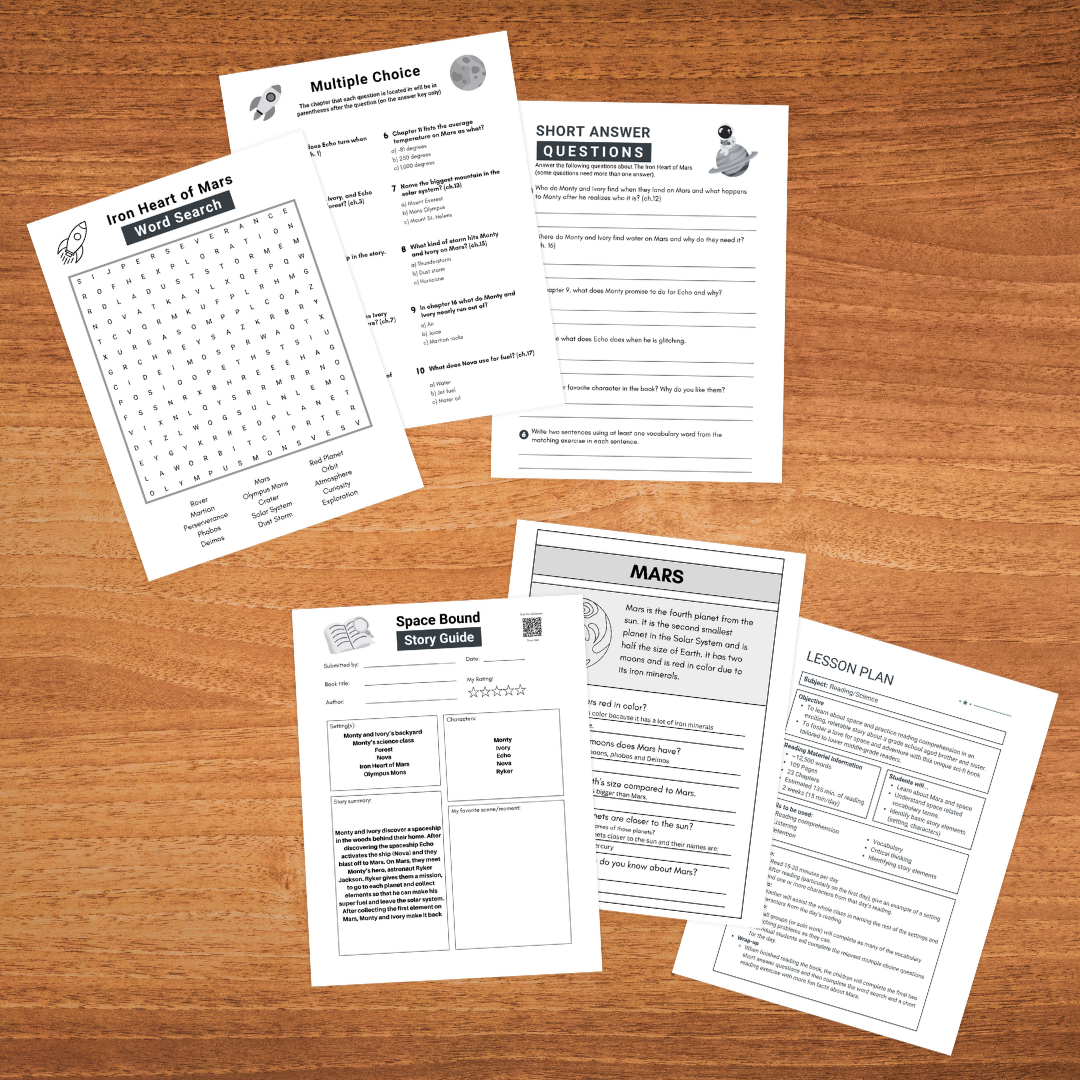 Iron Heart of Mars Worksheet set featuring word search, multiple choice quiz, short answer questions, and Mars-themed educational activities.