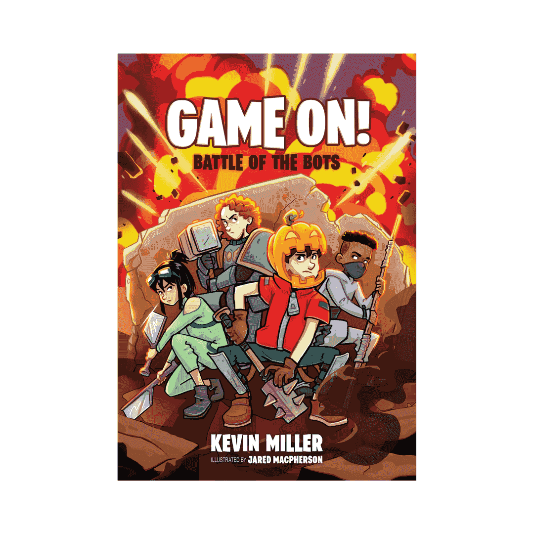 Game On! Battle of the Bots book cover from the Game On! Series for young gamers ages 8-12, featuring illustrated kids in action poses with gaming gear.