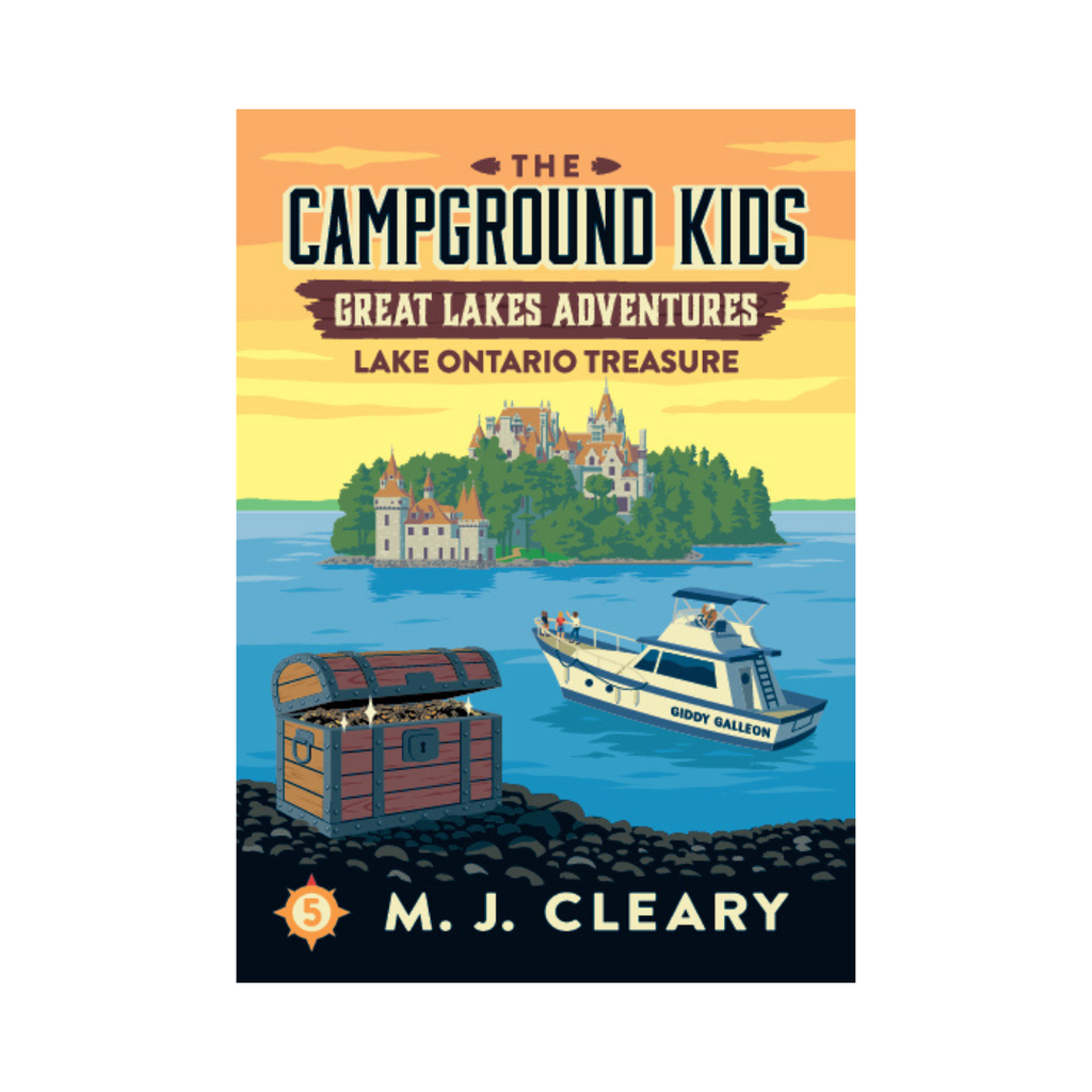 Children's adventure book cover titled 'Lake Ontario Treasure' featuring a castle on an island, a boat named Giddy Galleon, and a treasure chest, colorful illustration