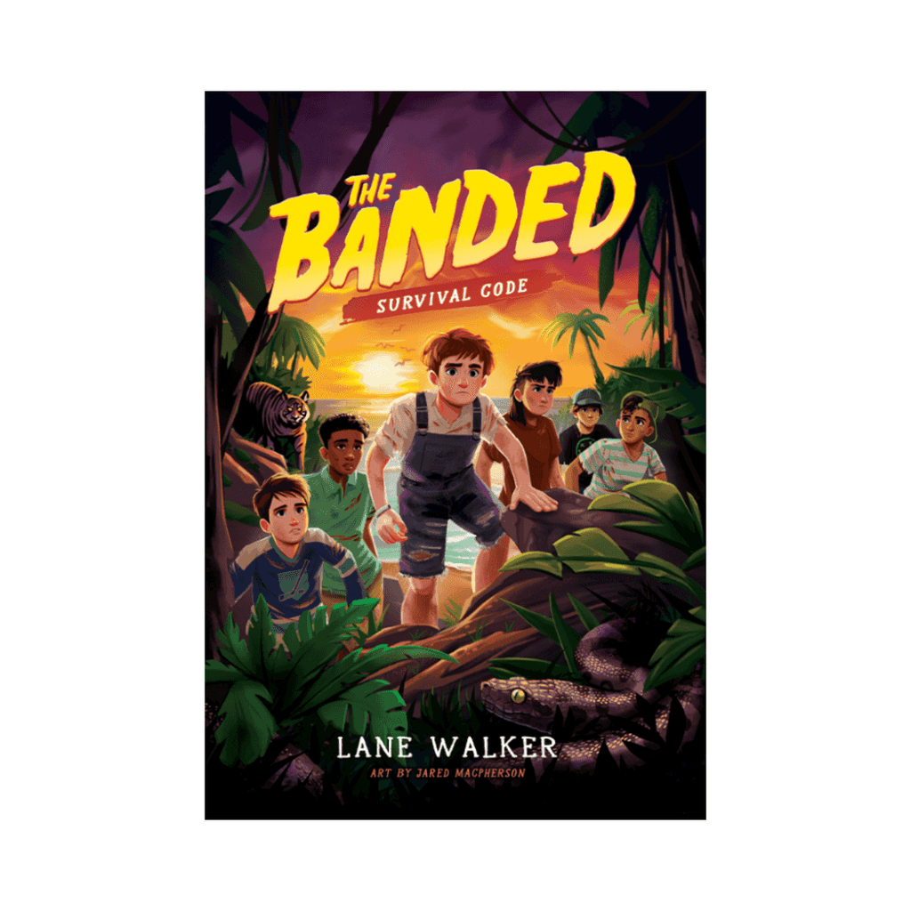 Cover of The Banded: Survival Code (Book 1), a children's chapter book for ages 8-12 featuring a group of kids in a jungle setting at sunset.